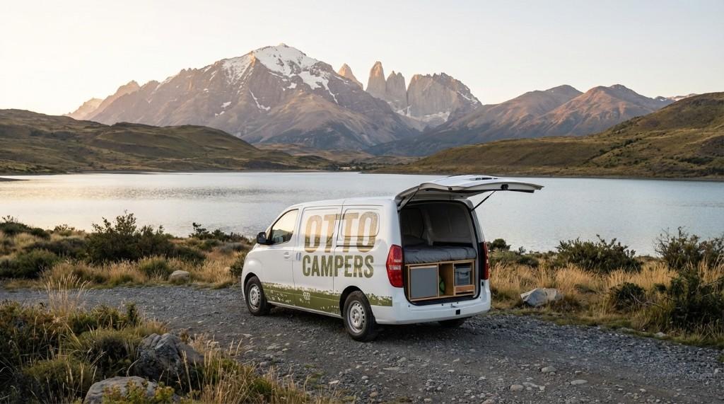 Otto camper van by a lake with Torres del Paine peaks in the distance