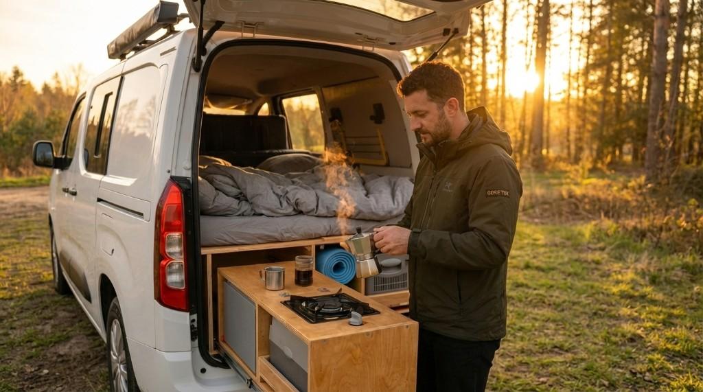 A man preparing coffee on a pull-out wooden kitchen at the back of a white camper van at sunset in a forest